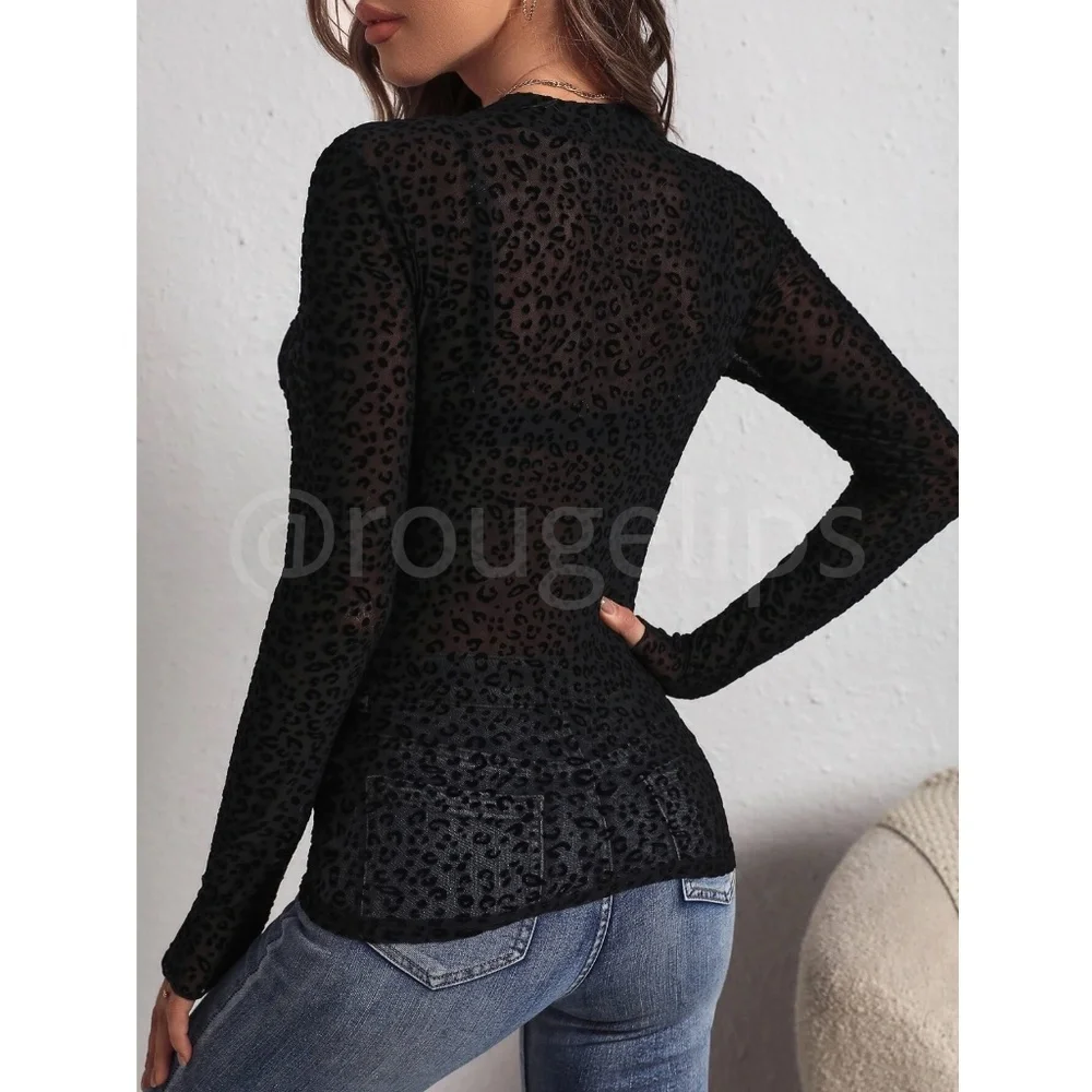 Black Mesh Leopard Pattern Sheer Long Sleeve Fitted Shirt Top